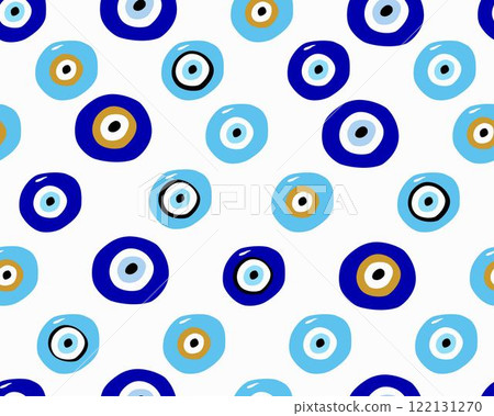 Evil eye seamless pattern. Blue colored textured vector background. Amulet 122131270