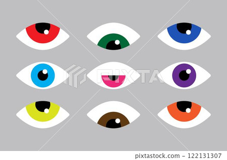 Simple eyes of different color set.Bauhaus eye. Minimal geometric design of the 20s. Abstract vector template with elements of primitive forms.  122131307