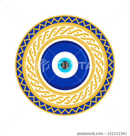 Evil eye bead. Vector blue nazar with mandala frame for luck protection and energy. Circle amulet with Greek key pattern. Greek magic symbol. Mystic talisman Evil eye bead. Vector blue nazar with mandala frame for luck protection and energy. Circle amulet with Greek key pattern. Greek magic symbol. Mystic talisman 122131361