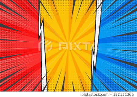 Comic book vector background. Cartoon pop art retro starburst graphic with blast. Vs template. Versus bright poster with abstract halftone effect. Compare manga banner with speed lines 122131366