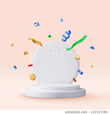 3D white podium with confetti isolated. 3D white podium with confetti isolated. 122131380