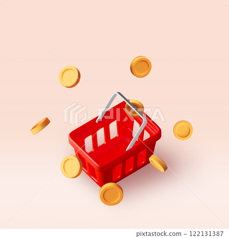 3d shopping basket and gold coins isolated. 122131387
