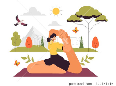 Yoga Retreat Vector Illustration Featuring Activities to Escape Your Daily Routine, Including Meditation, Yoga and Breathing Exercises in a Background 122131416