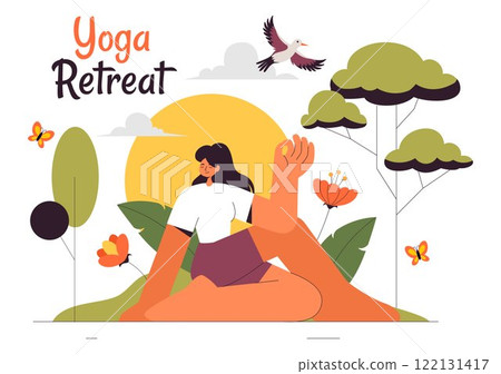 Yoga Retreat Vector Illustration Featuring Activities to Escape Your Daily Routine, Including Meditation, Yoga and Breathing Exercises in a Background 122131417