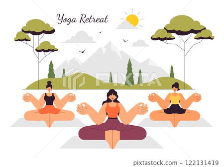 Yoga Retreat Vector Illustration Featuring Activities to Escape Your Daily Routine, Including Meditation, Yoga and Breathing Exercises in a Background 122131419