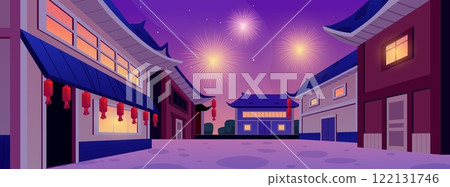 Illustration of Chinese street at night with architectural houses, festive lanterns and fireworks. 122131746