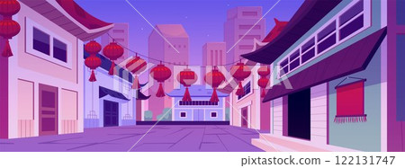 Illustration depicting Evening cityscape of Chinese street with houses, road, and festive lanterns. 122131747