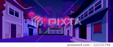 Vector illustration of Chinese night street with houses, road and glowing lanterns. 122131748