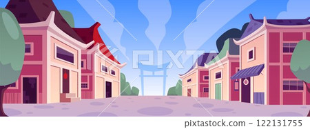 Vector illustration of Chinese street with old houses, expensive arches. Vector illustration of Chinese street with old houses, expensive arches. 122131755