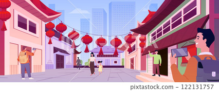 Vector of Vibrant Chinese street with traditional houses, lanterns and tourists. 122131757