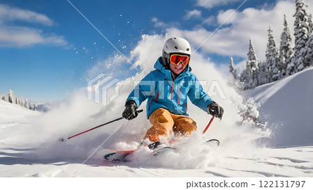 Young boy skiing through fresh powder Young boy skiing through fresh powder 122131797