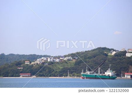 Green ship anchored in the harbor 122132000