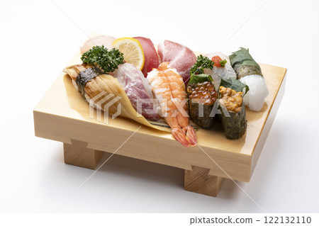 Nigiri sushi set with sushi geta on white background Nigiri sushi set with sushi geta on white background 122132110