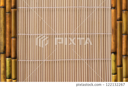 Organic Bamboo background. Eco-friendly background with Bamboo stems on cane mat texture. Copy space for text Organic Bamboo background. Eco-friendly background with Bamboo stems on cane mat texture. Copy space for text 122132267
