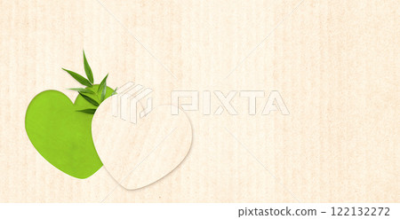 Horizontal banner with eco paper texture, heart and green leaves. Sustainable development of strategy approach to zero waste, responsible consumption. Reuse, renewable resource, eco-friendly concept 122132272