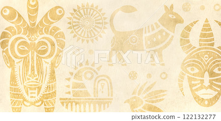 Background with ethnic ornament on grunge texture of retro paper. Horizontal cardboard banner with African tribal motifs. Old paper texture and silhouettes of animal, bird, mask, abstract decor Background with ethnic ornament on grunge texture of retro paper. Horizontal cardboard banner with African tribal motifs. Old paper texture and silhouettes of animal, bird, mask, abstract decor 122132277