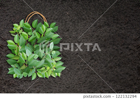 Horizontal Eco background with soil and shopping bag made from green leaves. Responsible consumption. Eco-friendly agricultural business. Ecology and zero waste concept. Copy space for text Horizontal Eco background with soil and shopping bag made from green leaves. Responsible consumption. Eco-friendly agricultural business. Ecology and zero waste concept. Copy space for text 122132294