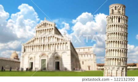 Horizontal banner with Leaning Tower of Pisa and Cathedral Santa Maria Assunta, Piazza dei Miracoli, Pisa, Tuscany, Italy. Summer vacation, travel, trip abroad on vacation, cruises and tours concept 122132300