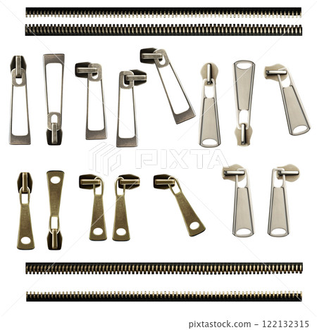 Set of zipper or fastener. Pullers and zippers for clothes and garments. Collection of simple metal components for fastening piece of clothing. Isolated on white background Set of zipper or fastener. Pullers and zippers for clothes and garments. Collection of simple metal components for fastening piece of clothing. Isolated on white background 122132315