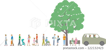 散步的人在長凳上聊天和遛寵物的日常場景插圖 散步的人在長凳上聊天和遛寵物的日常場景插圖 122132423