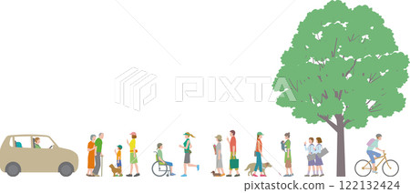 Illustration of everyday life of people walking and saying hello or walking their pets Illustration of everyday life of people walking and saying hello or walking their pets 122132424