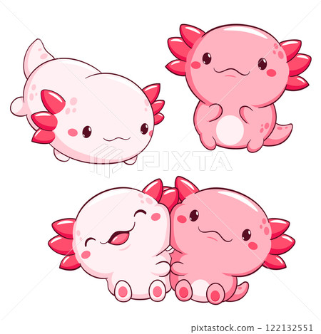 Set of axolotl in kawaii style. Lovely axolotl baby in different poses. Cute axolotl expression sheet collection. Can be used for t-shirt print, sticker, greeting card. Vector illustration EPS8 122132551