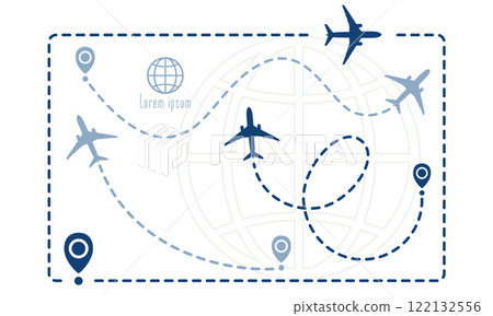Airplane line path vector icons set. Collection of air plane flight route with start point and dash line trace. Traveling the world, air travel, trip abroad on vacation, cruises and tours concept Airplane line path vector icons set. Collection of air plane flight route with start point and dash line trace. Traveling the world, air travel, trip abroad on vacation, cruises and tours concept 122132556