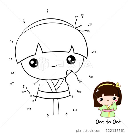 Connect The Dots and Draw cute girl. Dot to dot puzzle with cartoon little girl in kimono. Educational Game for Kids. Drawing for Preschool children. Vector Illustration EPS8 Connect The Dots and Draw cute girl. Dot to dot puzzle with cartoon little girl in kimono. Educational Game for Kids. Drawing for Preschool children. Vector Illustration EPS8 122132561