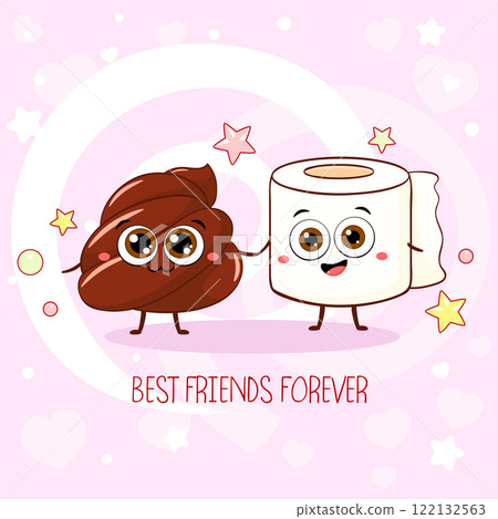 Best friends forever. Square card with cute friends - poop and toilet paper characters. Can be used for design of t-shirt, poster, print, card. Vector illustration EPS8 Best friends forever. Square card with cute friends - poop and toilet paper characters. Can be used for design of t-shirt, poster, print, card. Vector illustration EPS8 122132563