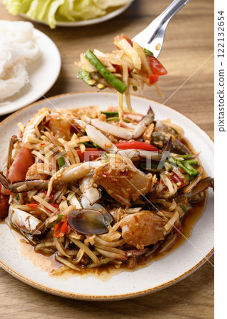 Spicy papaya salad with blue crab (Som Tum), Thai food Spicy papaya salad with blue crab (Som Tum), Thai food 122132654