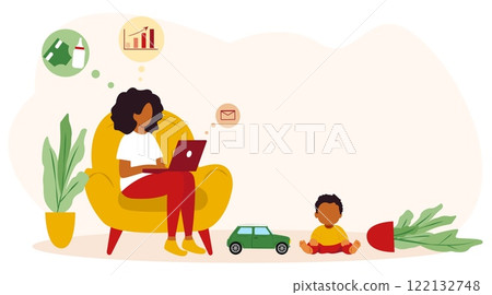 Mom working online during maternity leave while caring for her child in a cozy home setting Mom working online during maternity leave while caring for her child in a cozy home setting 122132748