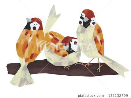 用油畫棒繪製的三隻麻雀的插圖 122132799