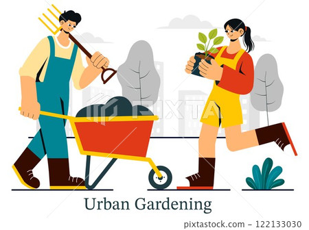 Urban Gardening Illustration Featuring People Planting Sprouts in Wooden Raised Garden Bed with Florists and Greenery on a Modern Cityscape Background 122133030