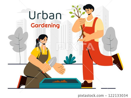 Urban Gardening Illustration Featuring People Planting Sprouts in Wooden Raised Garden Bed with Florists and Greenery on a Modern Cityscape Background 122133034