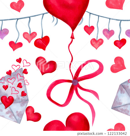 Heart balloon with envelope and bow, garland. Seamless pattern. Watercolor illustration. Hand drawn isolated art. For romantic Valentine's Day decoration. For invitations and holidays, textile, paper. 122133042