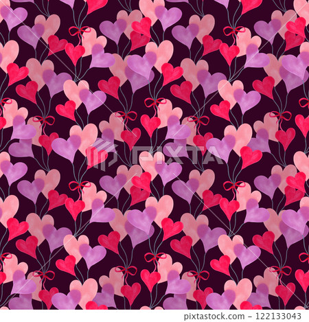 Seamless pattern with hearts and bow for Valentine's Day on burgundy background. Watercolor and marker illustrations. Hand drawn isolated art. Backdrop for birthday, textile, fabric. Love. 122133043
