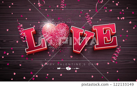 Happy Valentine's Day Banner Design with 3d Love Typography Letter and Falling Heart Confetti on Vintage Wood Background. Vector Wedding and Romantic Valentine Theme Illustration for Flyer, Greeting 122133149