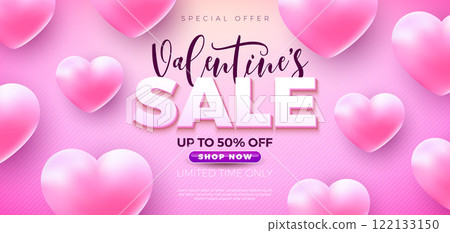 Valentine's Day Sale Banner Design with Falling 3d Heart and Typography Lettering on Pink Background. Holiday Vector Business Illustration with Special Offer Elements for Coupon, Voucher, Flyer Valentine's Day Sale Banner Design with Falling 3d Heart and Typography Lettering on Pink Background. Holiday Vector Business Illustration with Special Offer Elements for Coupon, Voucher, Flyer 122133150