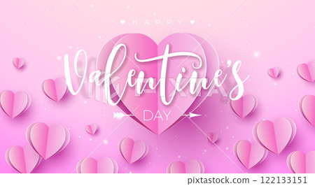 Happy Valentine's Day Banner Design with Heart and Typography Letter on Light Pink Background. Vector Wedding and Romantic Love Valentine Theme Illustration for Flyer, Greeting Card, Holiday Poster or Happy Valentine's Day Banner Design with Heart and Typography Letter on Light Pink Background. Vector Wedding and Romantic Love Valentine Theme Illustration for Flyer, Greeting Card, Holiday Poster or 122133151