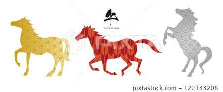 Illustration set of New Year's cards for the Year of the Horse Vector Silhouette Japanese pattern Zodiac Horse Illustration set of New Year's cards for the Year of the Horse Vector Silhouette Japanese pattern Zodiac Horse 122133208