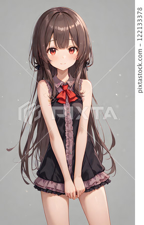 Portrait of a pretty girl in a black dress and red ribbon 122133378