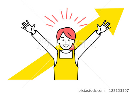 一個穿著圍裙的女人對升起的箭和萬歲感到高興 一個穿著圍裙的女人對升起的箭和萬歲感到高興 122133397