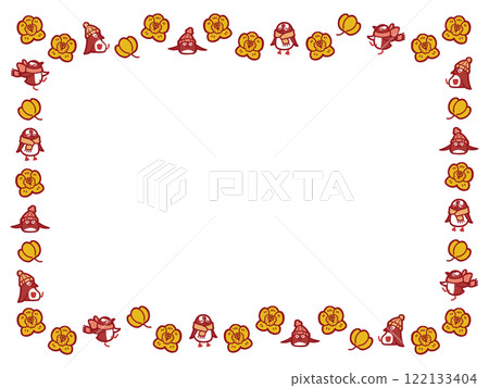 Frame illustration of a penguin wearing winter accessories and a yellow cymbidium Frame illustration of a penguin wearing winter accessories and a yellow cymbidium 122133404