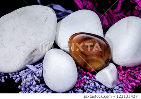 Polished agate Stone on White Rocks and Flowers 122133427