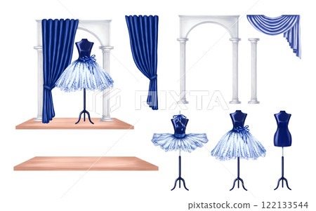 Blue ballet dance tutus, stage costumes. A skirt worn on a mannequin. A theatrical backstage, a shop window, an atelier, an outfit for a fashion show and a masquerade. Digital isolated illustration 122133544