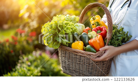 A nutritionist holds fruits and vegetables in their hands. The concept of healthy eating, balanced nutrition, and promoting wellness through natural food choices. Generative AI. A nutritionist holds fruits and vegetables in their hands. The concept of healthy eating, balanced nutrition, and promoting wellness through natural food choices. Generative AI. 122133626