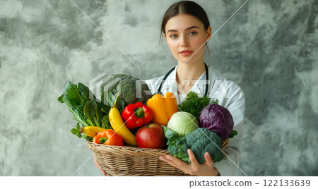 A nutritionist holds fruits and vegetables in their hands. The concept of healthy eating, balanced nutrition, and promoting wellness through natural food choices. Generative AI. 122133639