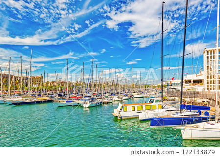 Barcelona. Seaport and Yacht parking at the pier. Barcelona. Seaport and Yacht parking at the pier. 122133879
