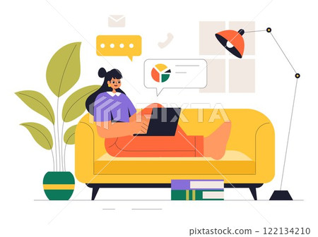 Remote Working Setup Vector Illustration of a Balanced Work Life Environment with Flextime, Emphasizing Flexibility and Productivity from the Home 122134210