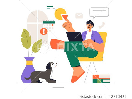 Remote Working Setup Vector Illustration of a Balanced Work Life Environment with Flextime, Emphasizing Flexibility and Productivity from the Home 122134211